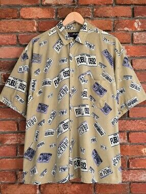 100% Silk FUBU The Collection Vintage Y2K License Plate Shirt XL Hip Hop